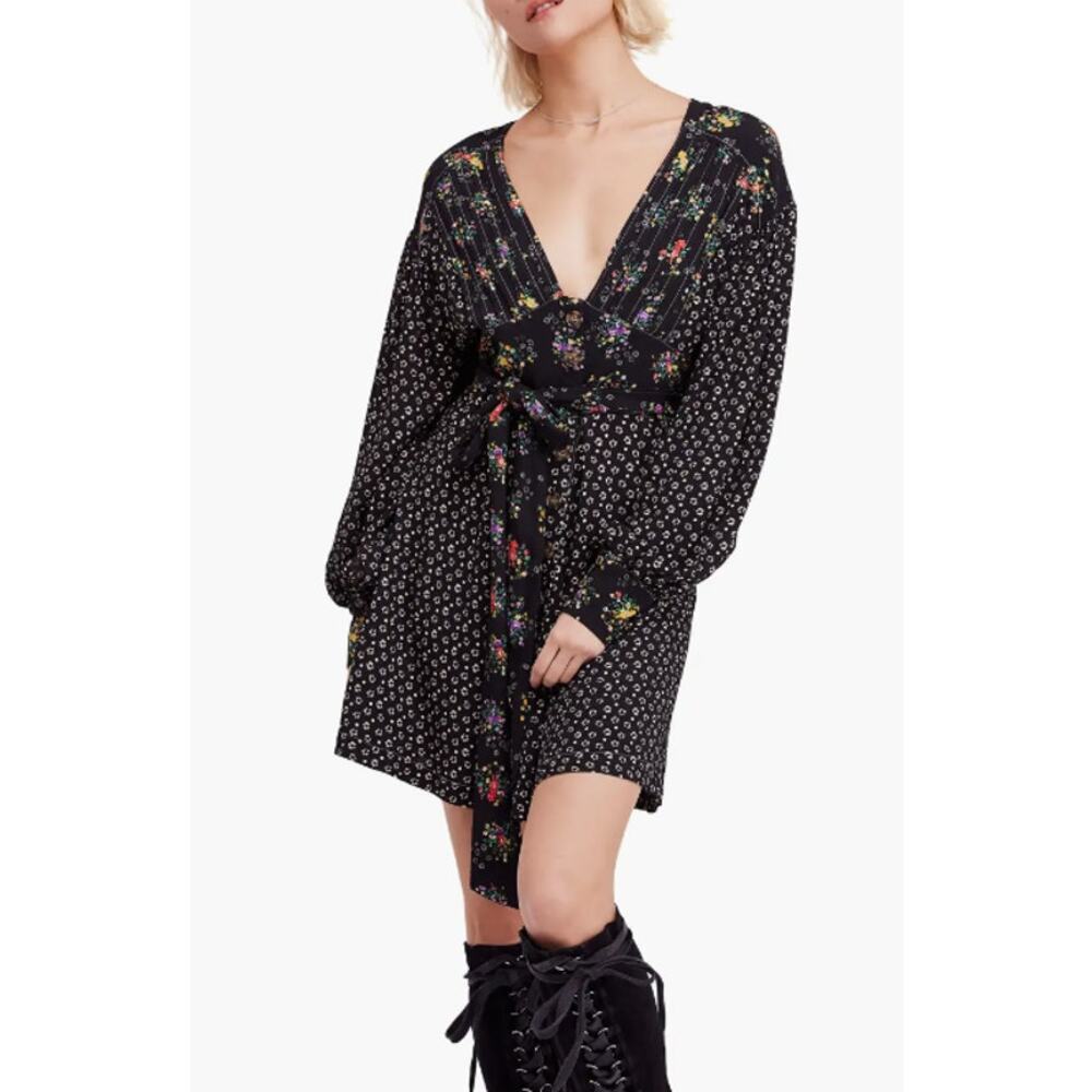 Free People Women's Wonderland Print Floral Patchwork‎ A Line Belted Mini Dress